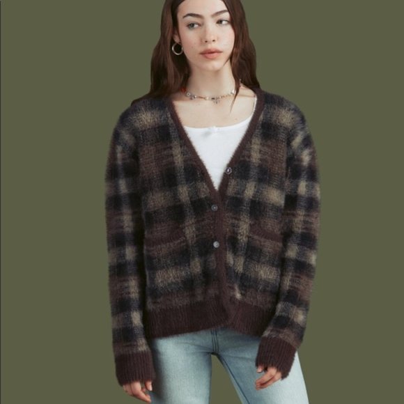UNIF | Sweaters | Unif Brown Plaid Ty Cardigan Fuzzy Sweater